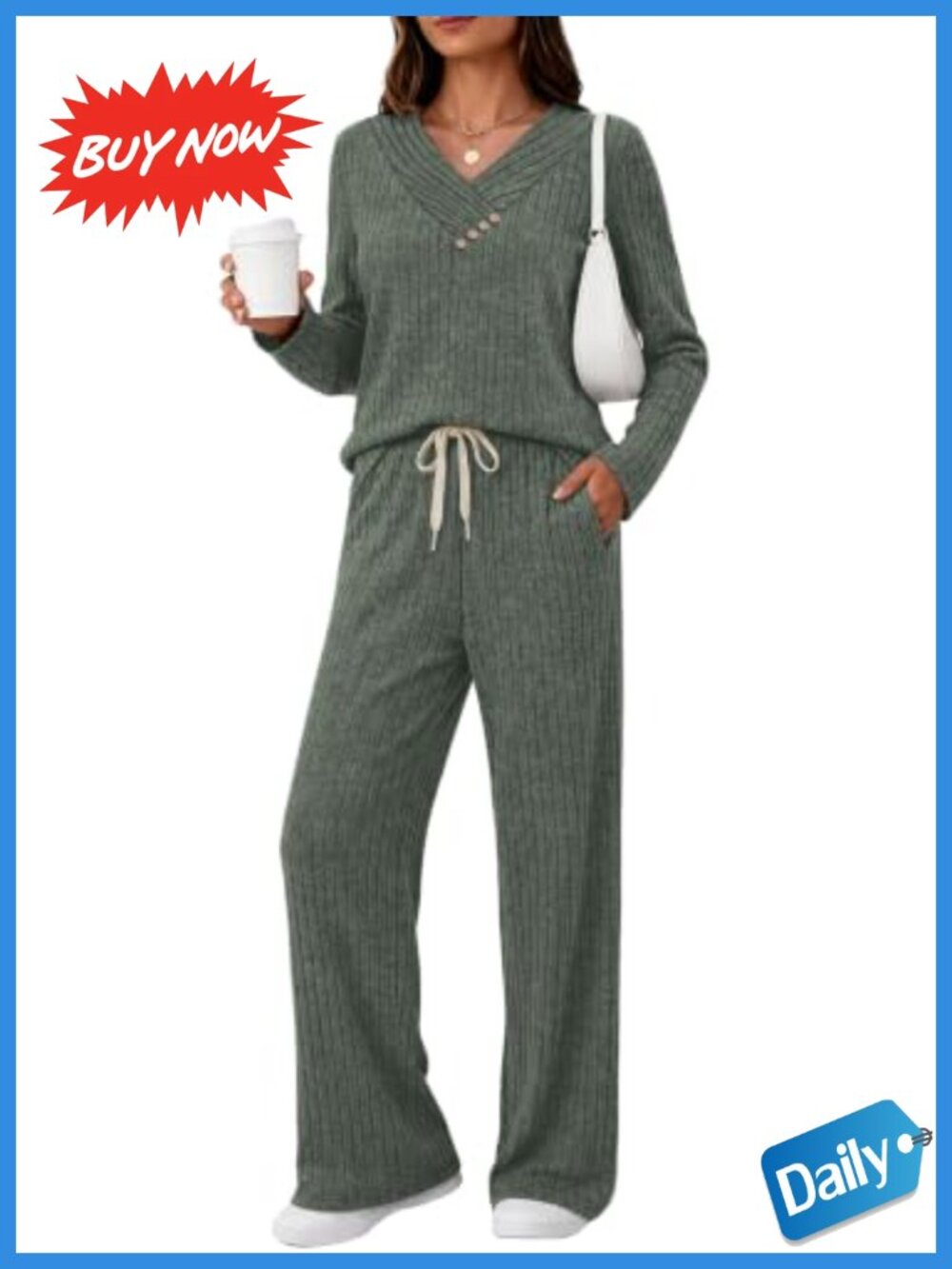 Ribbed Knit V-Neck Top & Drawstring Pants Lounge Set 2 Piece